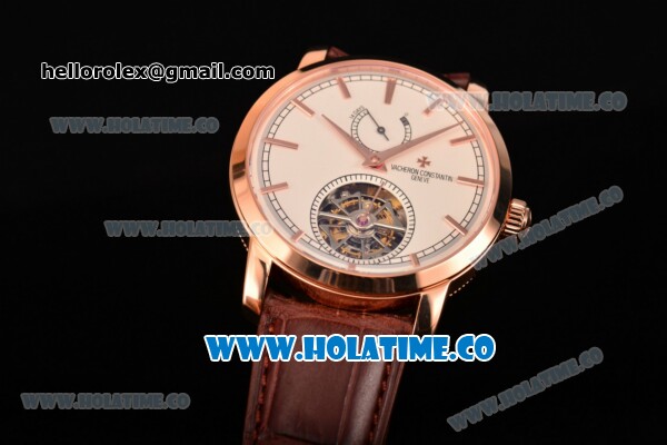 Vacheron Constantin Patrimony Swiss Tourbillon Manual Winding Rose Gold Case with White Dial Brown Alligator Strap and Stick Markers - Click Image to Close